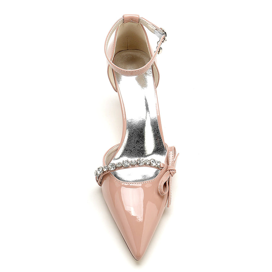 Women's Patent Leather Mirror Finish With Ankle Strap Bowknot Rhinestone Closed Toe Stiletto Heel Evening Shoes