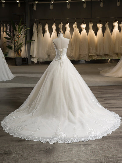 Strapless Sleeveless Tulle Applique With Beading Court Train Ball Gown Wedding Dresses