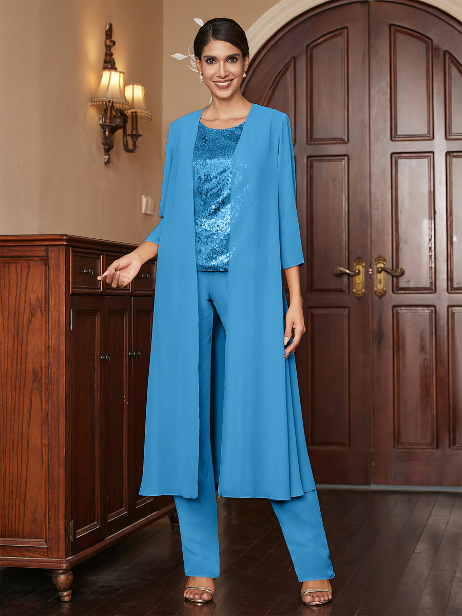 Chiffon Scoop 3/4 Sleeves 3 Pieces Pantsuits with Sequins & Jacket