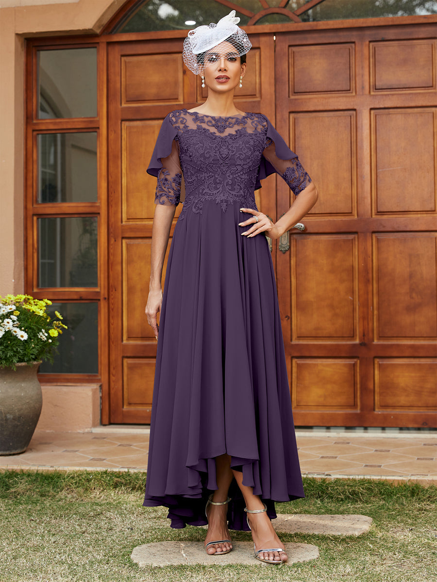 A-Line/Princess Sheer Neck Half Sleeves Long Evening Dresses with Appliques