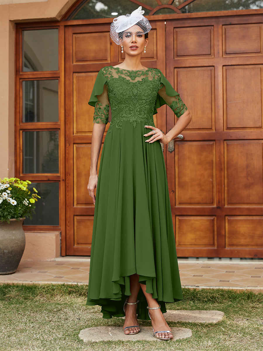 A-Line/Princess Sheer Neck Half Sleeves Long Evening Dresses with Appliques