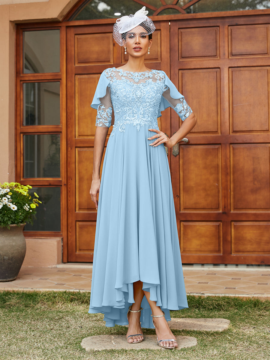 A-Line/Princess Sheer Neck Half Sleeves Long Evening Dresses with Appliques