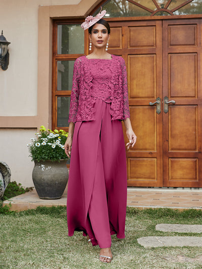 Lace Chiffon Square Neck 3/4 Sleeves 3 Pieces Pantsuits with Appliques & Jacket