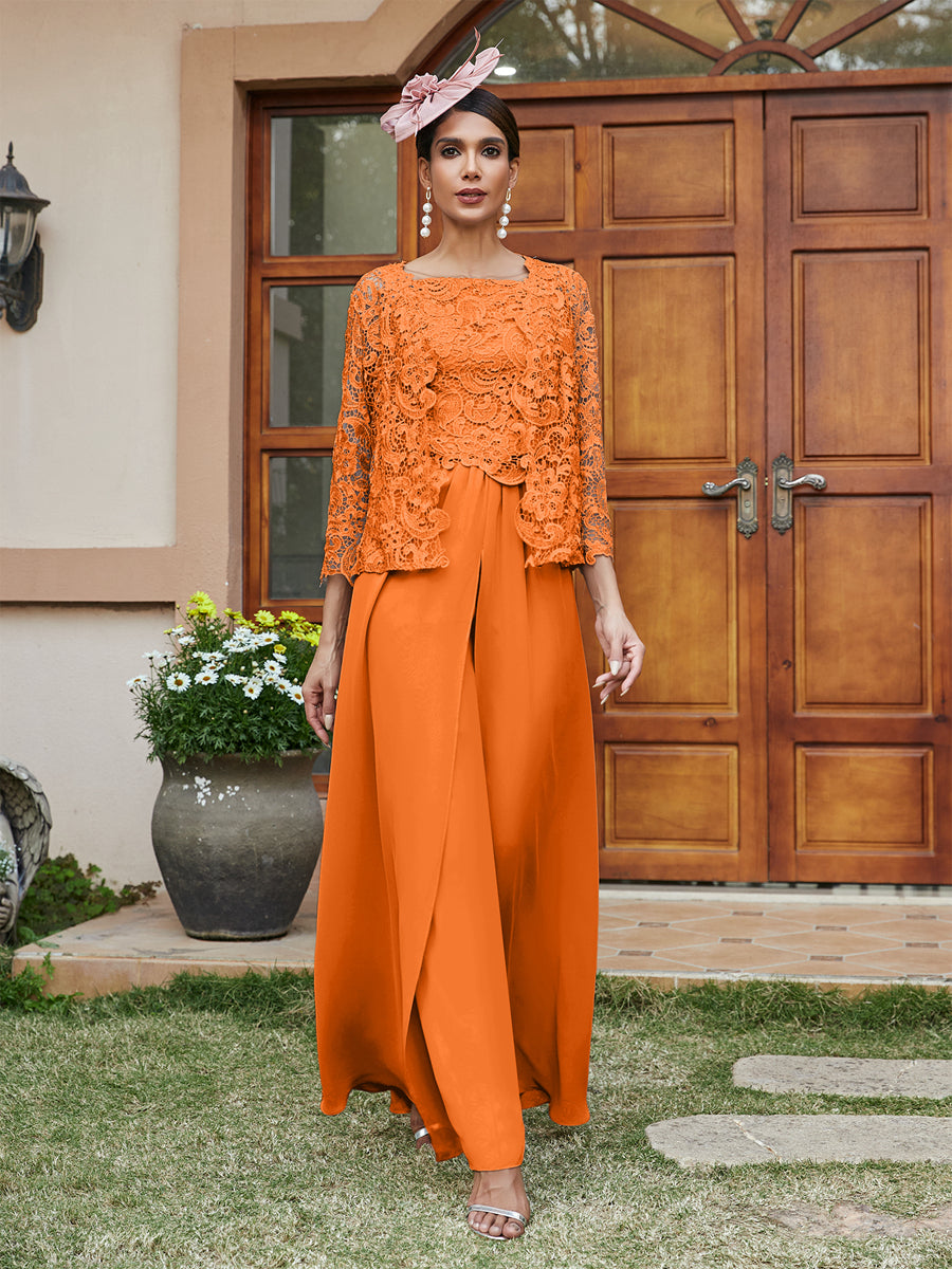 Lace Chiffon Square Neck 3/4 Sleeves 3 Pieces Pantsuits with Appliques & Jacket