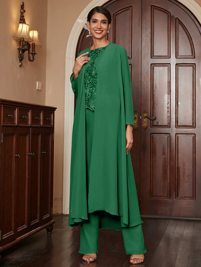 Chiffon Scoop Long Sleeves 3 Pieces Pantsuits with Appliques & Jacket