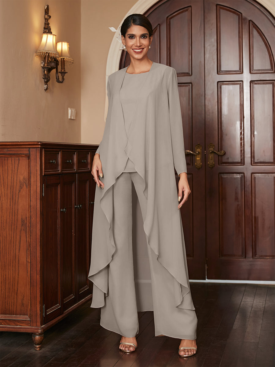 Chiffon Scoop Long Sleeves 3 Pieces Pantsuits with Jacket