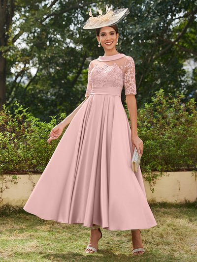 A-Line/Princess Scoop Half Sleeves Ankle-Length Long Evening Dresses with Appliques