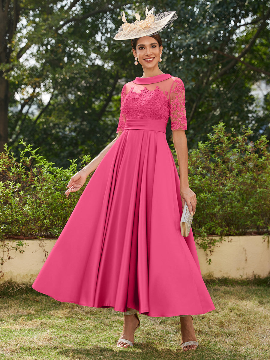 A-Line/Princess Scoop Half Sleeves Ankle-Length Long Evening Dresses with Appliques