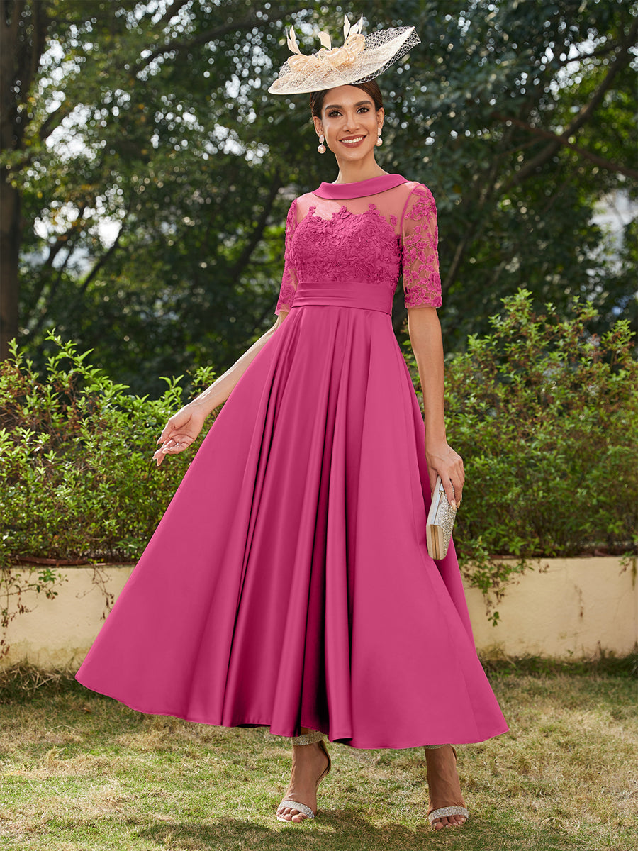 A-Line/Princess Scoop Half Sleeves Ankle-Length Long Evening Dresses with Appliques