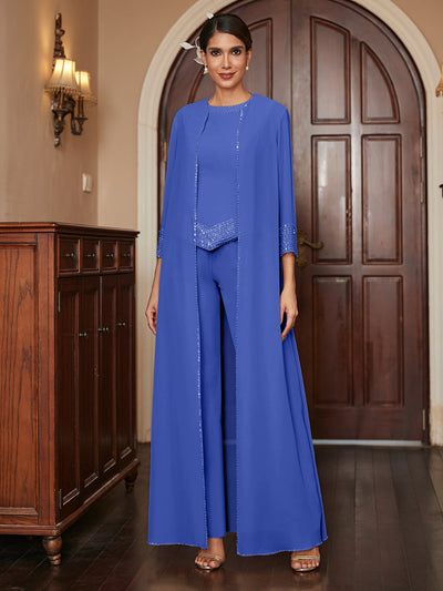 Chiffon Scoop 3/4 Sleeves 3 Pieces Pantsuits with Sequins & Jacket