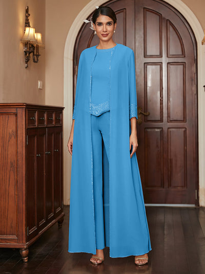 Chiffon Scoop 3/4 Sleeves 3 Pieces Pantsuits with Sequins & Jacket