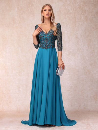 A-Line/Princess V-Neck 3/4 Sleeves Long Formal Evening Dresses with Sequins