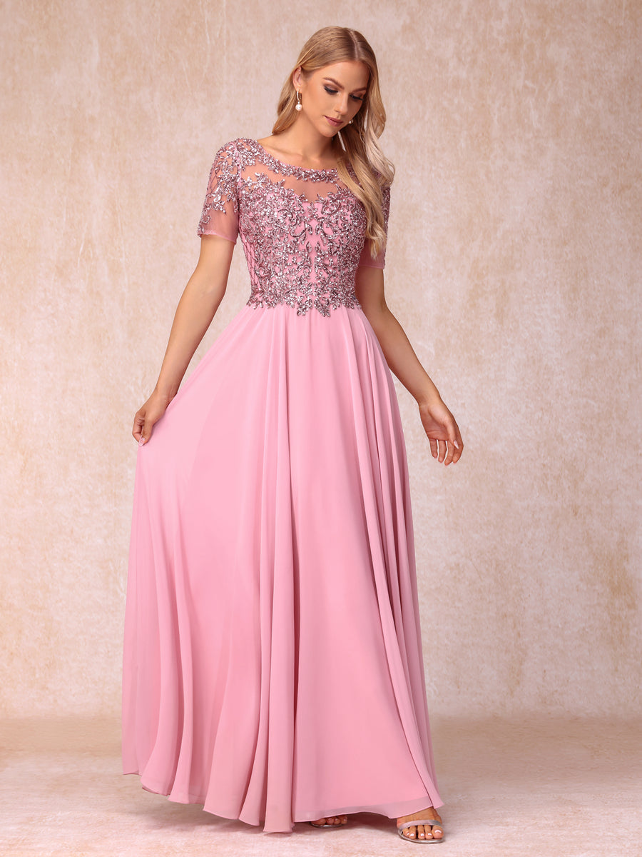 A-Line/Princess Sheer Neck Short Sleeves Long Formal Evening Dresses with Sequins & Appliques