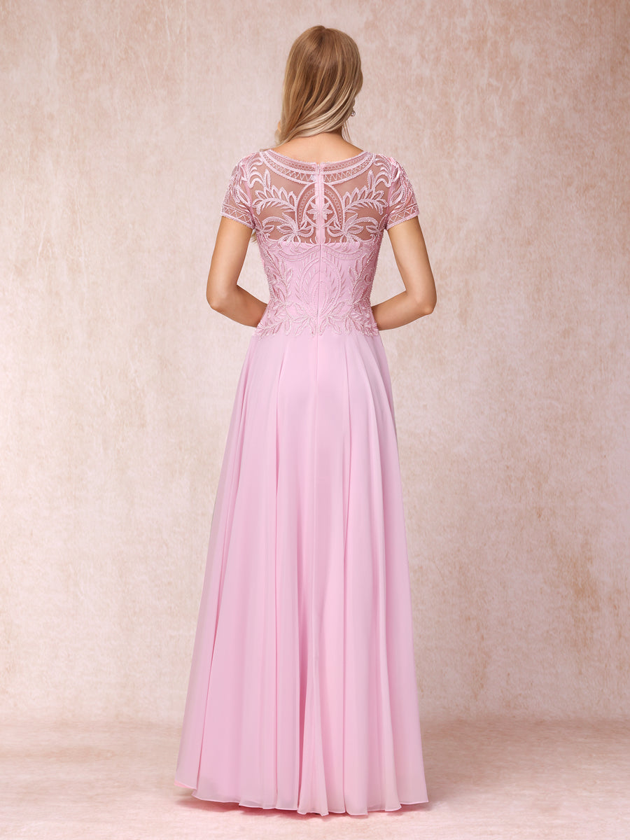 A-Line/Princess Sheer Neck Short Sleeves Long Formal Evening Dresses with Appliques