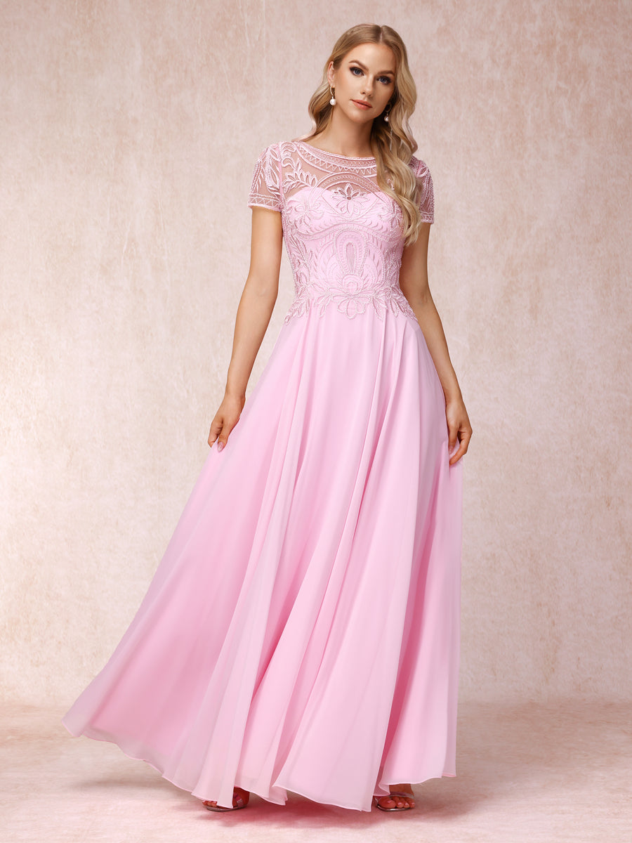 A-Line/Princess Sheer Neck Short Sleeves Long Formal Evening Dresses with Appliques