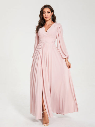 A-Line/Princess Chiffon V-Neck Long Sleeves Split Side Floor-Length With Pockets Bridesmaid Dresses