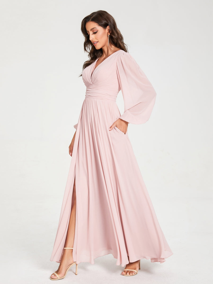 A-Line/Princess Chiffon V-Neck Long Sleeves Split Side Floor-Length With Pockets Bridesmaid Dresses