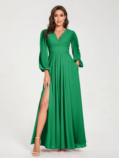 A-Line/Princess Chiffon V-Neck Long Sleeves Split Side Floor-Length With Pockets Bridesmaid Dresses