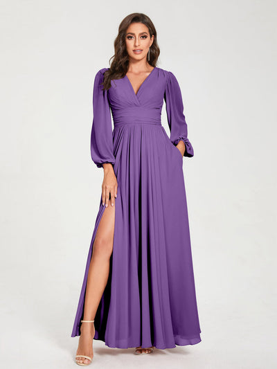 A-Line/Princess Chiffon V-Neck Long Sleeves Split Side Floor-Length With Pockets Bridesmaid Dresses