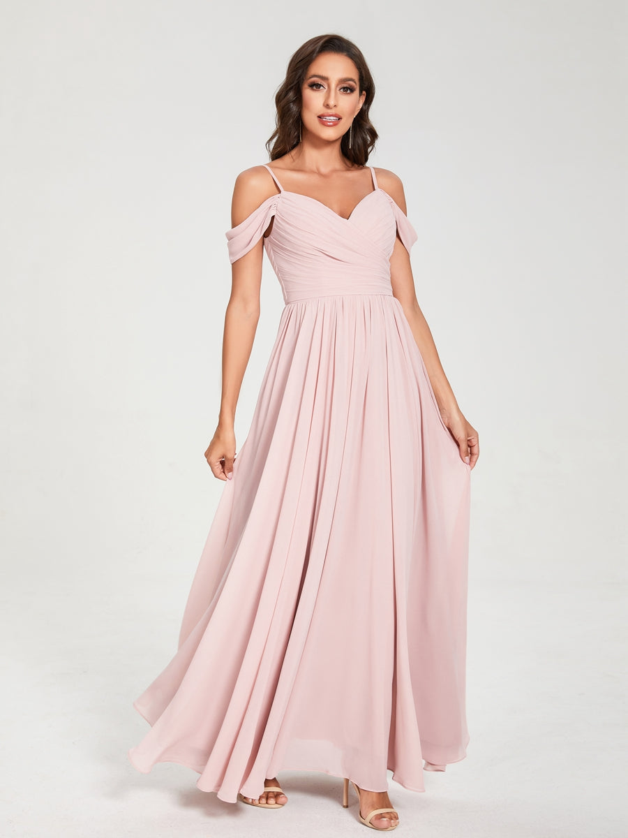 A-Line/Princess Chiffon Spaghetti Straps Off-the-Shoulder Sleeveless Floor-Length Split Side Bridesmaid Dresses