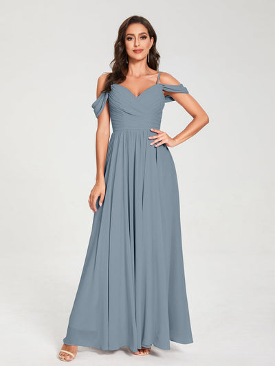 A-Line/Princess Chiffon Spaghetti Straps Off-the-Shoulder Sleeveless Floor-Length Split Side Bridesmaid Dresses