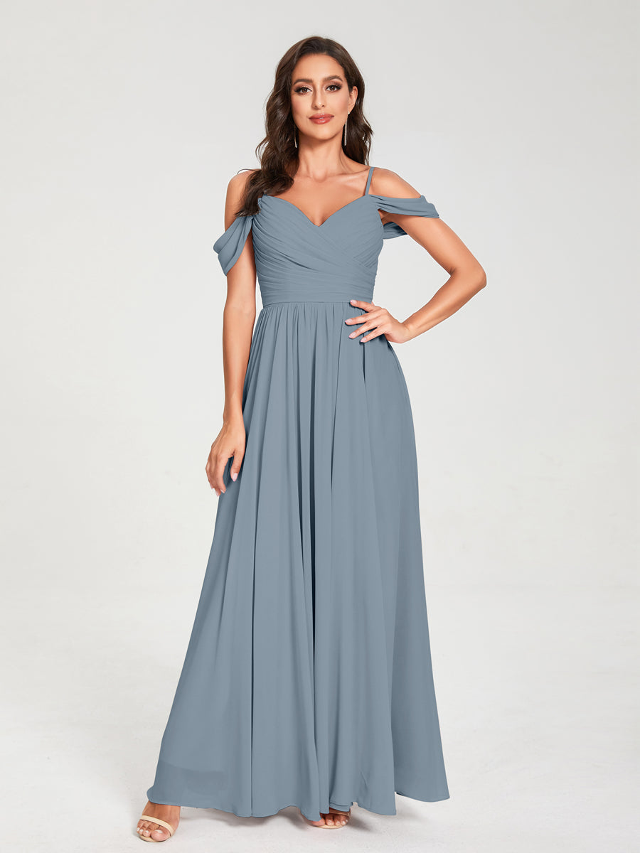 A-Line/Princess Chiffon Spaghetti Straps Off-the-Shoulder Sleeveless Floor-Length Split Side Bridesmaid Dresses