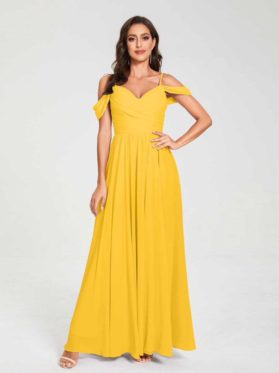 A-Line/Princess Chiffon Spaghetti Straps Off-the-Shoulder Sleeveless Floor-Length Split Side Bridesmaid Dresses