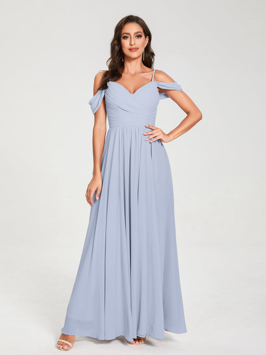 A-Line/Princess Chiffon Spaghetti Straps Off-the-Shoulder Sleeveless Floor-Length Split Side Bridesmaid Dresses