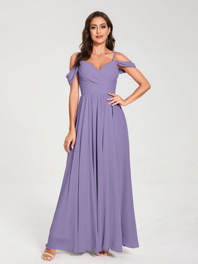 A-Line/Princess Chiffon Spaghetti Straps Off-the-Shoulder Sleeveless Floor-Length Split Side Bridesmaid Dresses