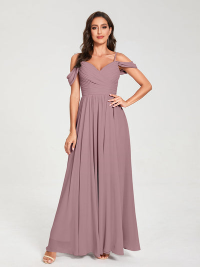 A-Line/Princess Chiffon Spaghetti Straps Off-the-Shoulder Sleeveless Floor-Length Split Side Bridesmaid Dresses