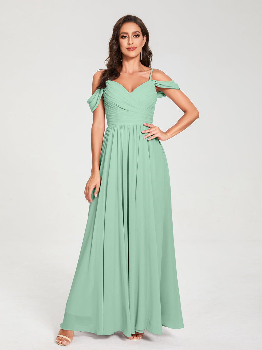 A-Line/Princess Chiffon Spaghetti Straps Off-the-Shoulder Sleeveless Floor-Length Split Side Bridesmaid Dresses