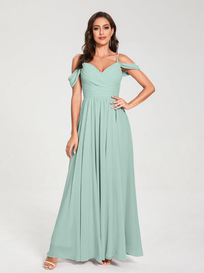 A-Line/Princess Chiffon Spaghetti Straps Off-the-Shoulder Sleeveless Floor-Length Split Side Bridesmaid Dresses