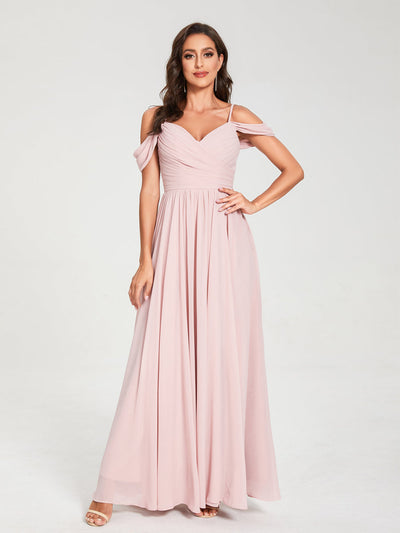 A-Line/Princess Chiffon Spaghetti Straps Off-the-Shoulder Sleeveless Floor-Length Split Side Bridesmaid Dresses