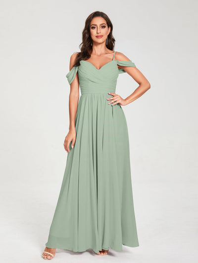 A-Line/Princess Chiffon Spaghetti Straps Off-the-Shoulder Sleeveless Floor-Length Split Side Bridesmaid Dresses