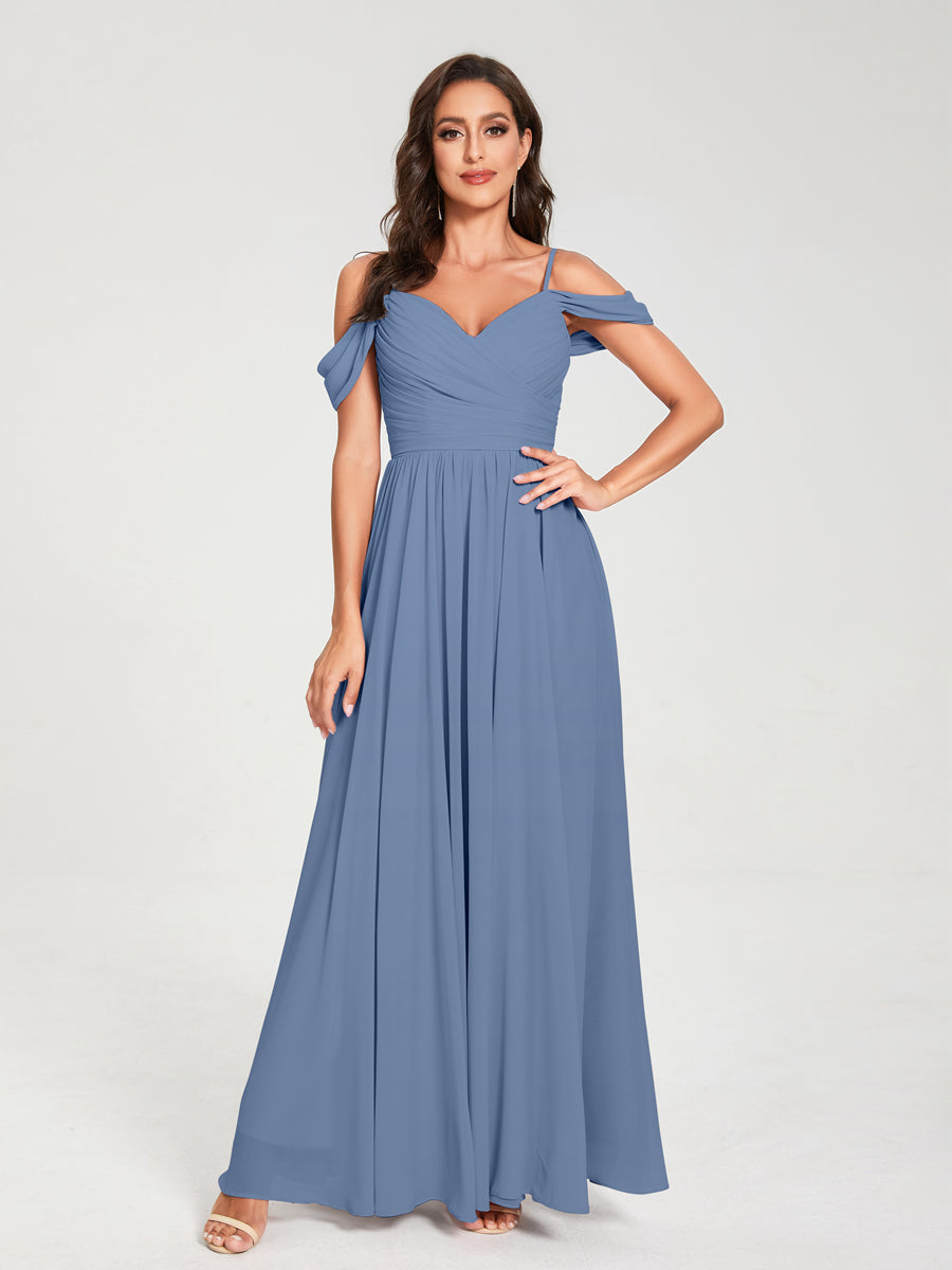 A-Line/Princess Chiffon Spaghetti Straps Off-the-Shoulder Sleeveless Floor-Length Split Side Bridesmaid Dresses