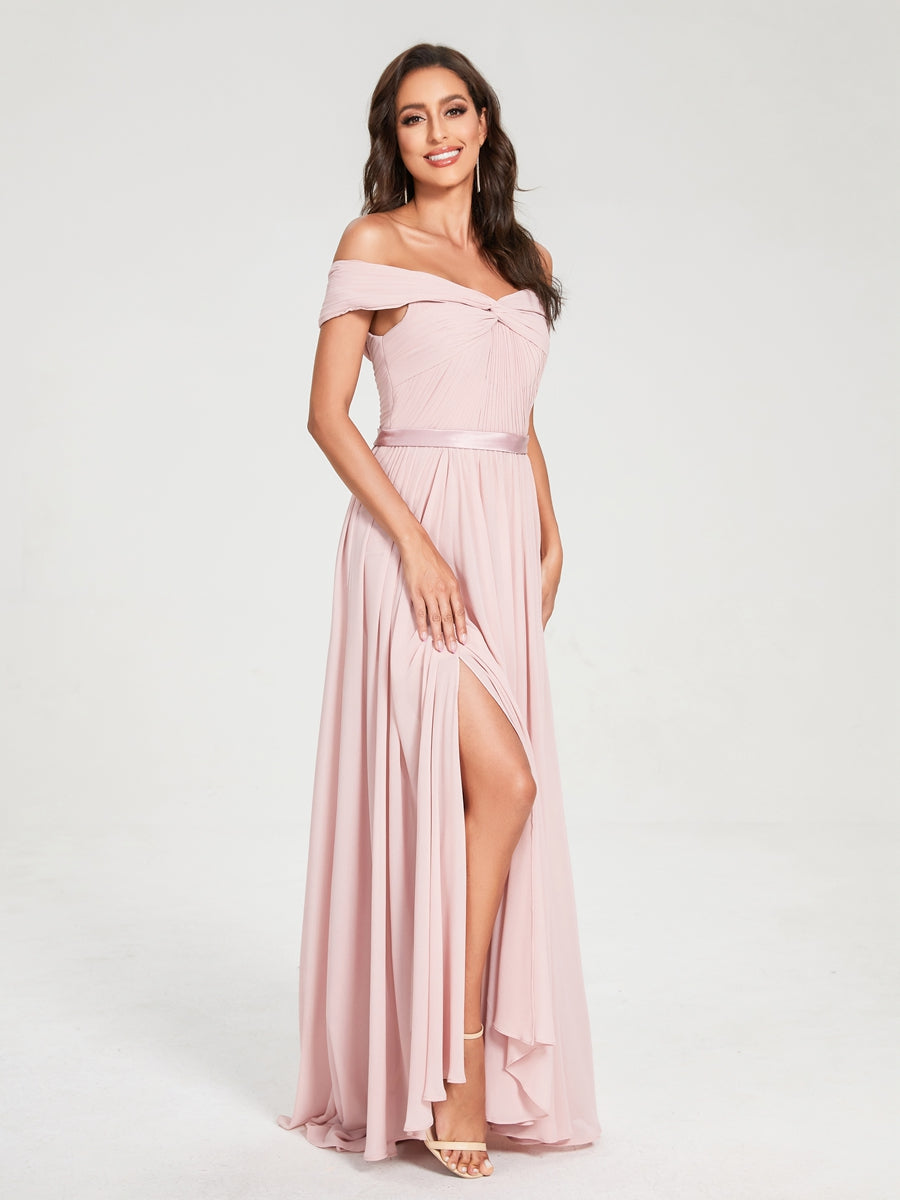 A-Line/Princess Chiffon Off-the-Shoulder Sleeveless Floor-Length Split Side With Belt Bridesmaid Dresses