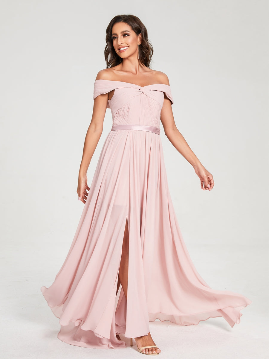 A-Line/Princess Chiffon Off-the-Shoulder Sleeveless Floor-Length Split Side With Belt Bridesmaid Dresses