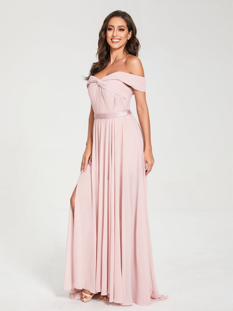 A-Line/Princess Chiffon Off-the-Shoulder Sleeveless Floor-Length Split Side With Belt Bridesmaid Dresses