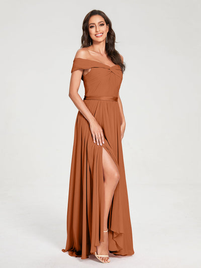 A-Line/Princess Chiffon Off-the-Shoulder Sleeveless Floor-Length Split Side With Belt Bridesmaid Dresses