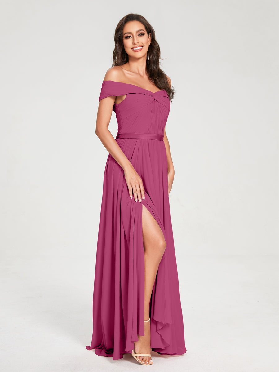 A-Line/Princess Chiffon Off-the-Shoulder Sleeveless Floor-Length Split Side With Belt Bridesmaid Dresses