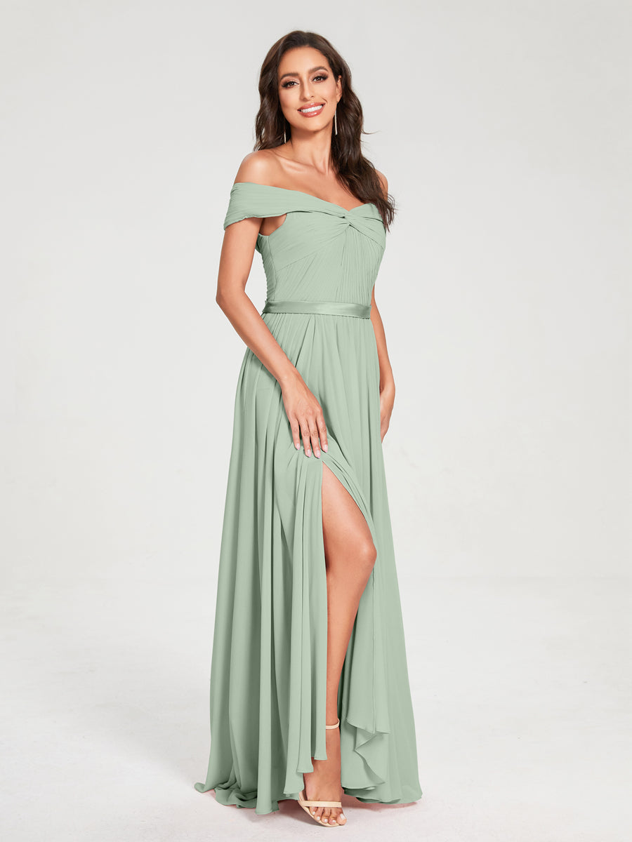 A-Line/Princess Chiffon Off-the-Shoulder Sleeveless Floor-Length Split Side With Belt Bridesmaid Dresses