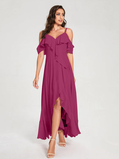 A-Line/Princess Chiffon Spaghetti Straps V-Neck Short Sleeves With Ruffles Asymmetrical Bridesmaid Dresses