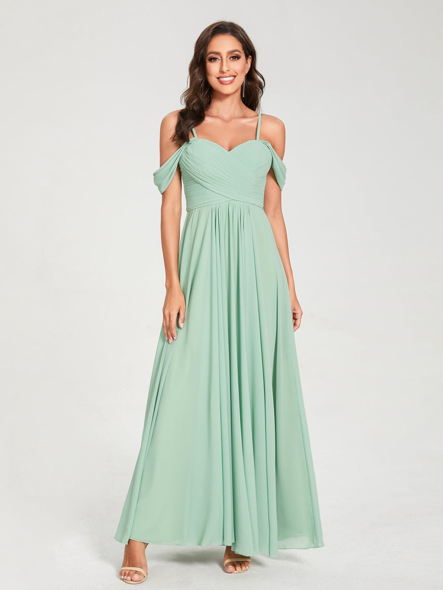 A-Line/Princess Chiffon Spaghetti Straps Short Sleeves Floor-Length With Pleats Bridesmaid Dresses