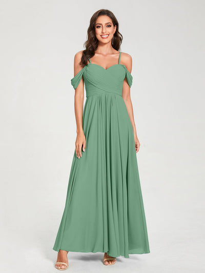 A-Line/Princess Chiffon Spaghetti Straps Short Sleeves Floor-Length With Pleats Bridesmaid Dresses