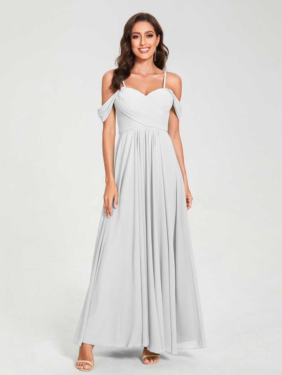 A-Line/Princess Chiffon Spaghetti Straps Short Sleeves Floor-Length With Pleats Bridesmaid Dresses