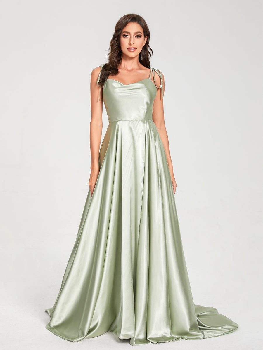 A-Line Spaghetti Straps Sleeveless Long Silk Like Satin Bridesmaid Dresses