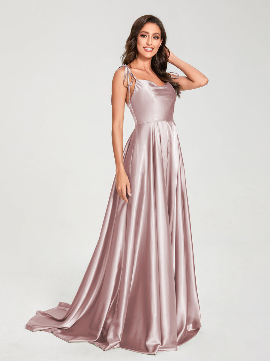 A-Line Spaghetti Straps Sleeveless Long Silk Like Satin Bridesmaid Dresses