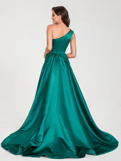 A-Line/Princess One-Shoulder Sleeveless Satin With Pleats Floor-Length Split Side Bridesmaid Dresses