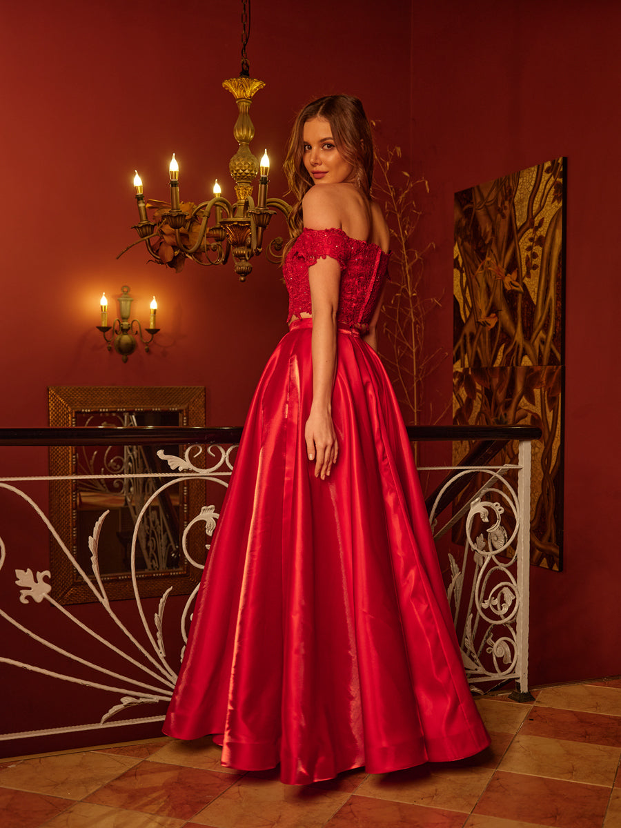 A-Line/Princess Off-the-Shoulder Applique Two Piece Long Prom Dresses