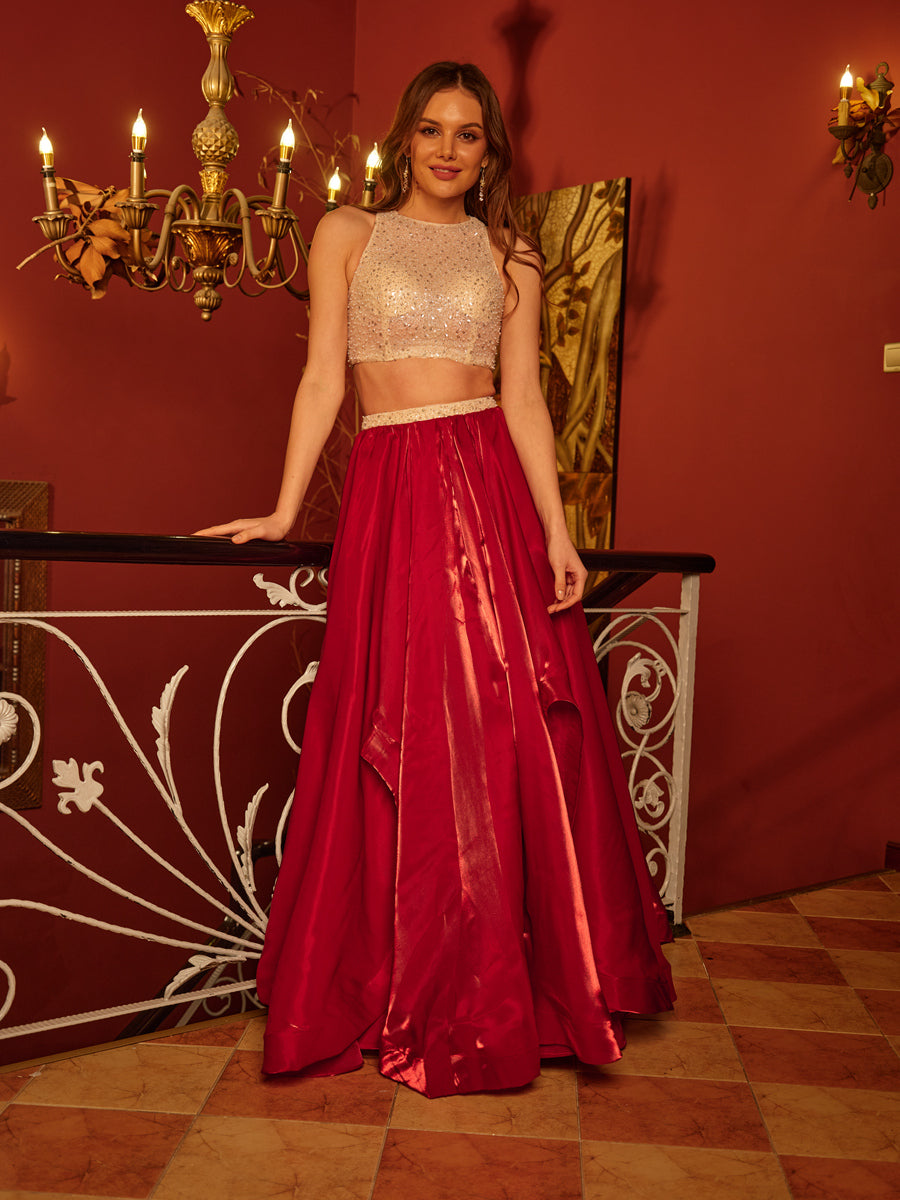 A-Line/Princess Scoop Sleeveless Sequins Two-Piece Long Prom Dresses